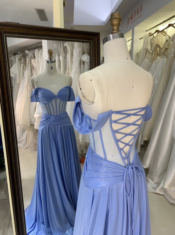 Factory Wholesale 2026 in Blue See Through Corset off Shoulder Sleeveless Mermaid Prom Evening Dresses
