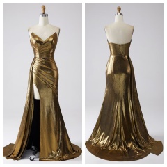 Wholesale Prom Dresses 2026 in Gold Shiny Satin Sleeveless Zipper up Back Mermaid Prom Evening Dresses