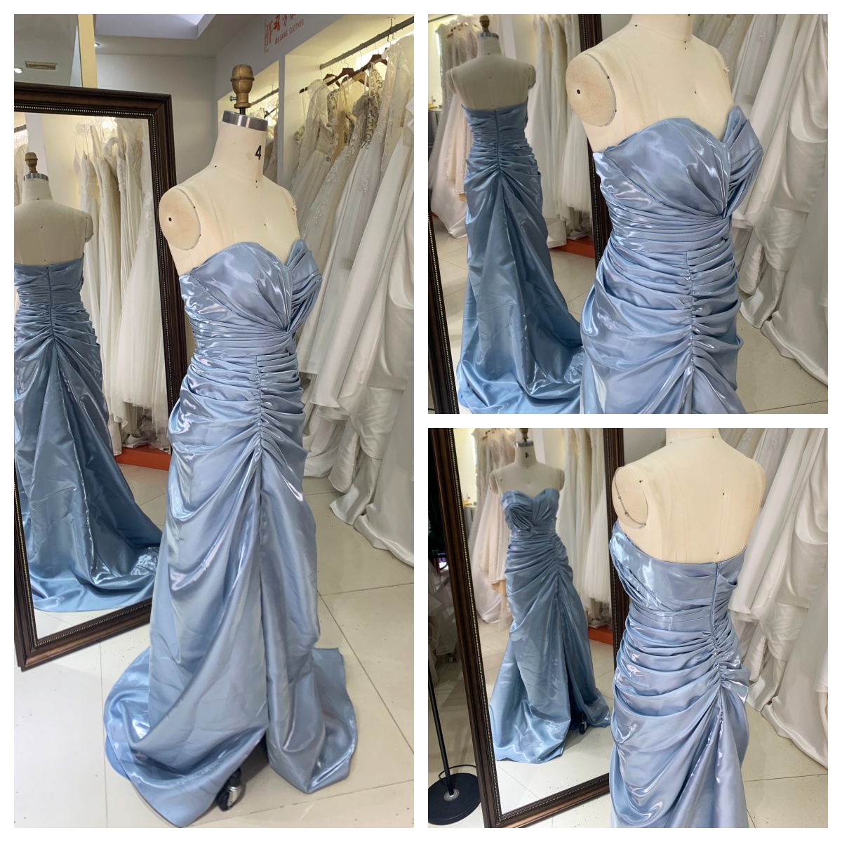 Wholesale Prom Dresses 2026 in Dusty Blue Shiny Satin Pleated Sleeveless Zipper up Back Evening Dresses