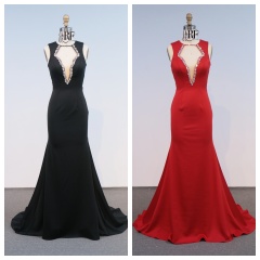 Red Black Wholesale Evening Dresses Deep V Sleeveless Mermaid Satin Open Back Evening Dresses