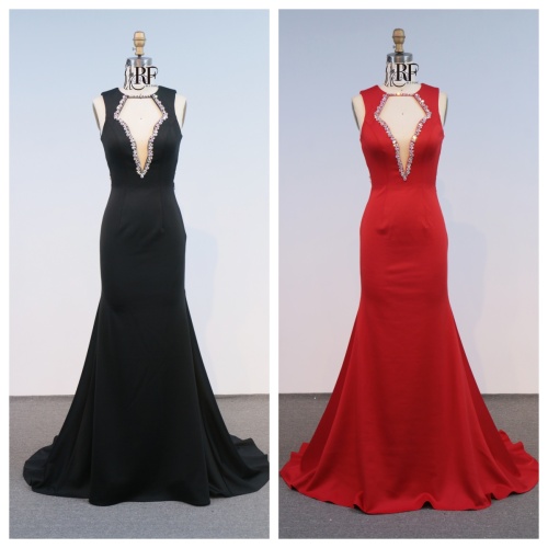 Red Black Wholesale Evening Dresses Deep V Sleeveless Mermaid Satin Open Back Evening Dresses