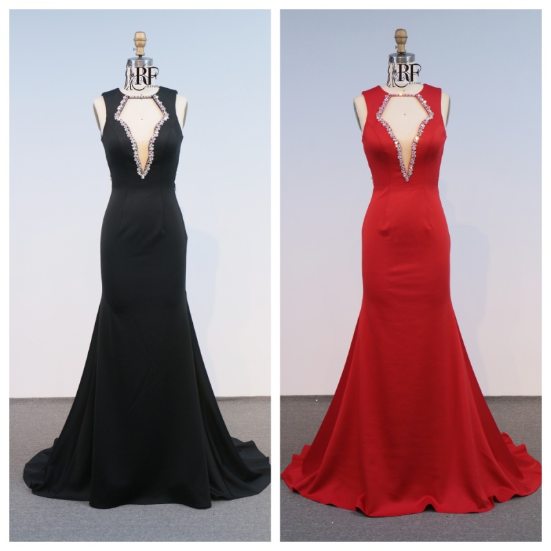 Red Black Wholesale Evening Dresses Deep V Sleeveless Mermaid Satin Open Back Evening Dresses
