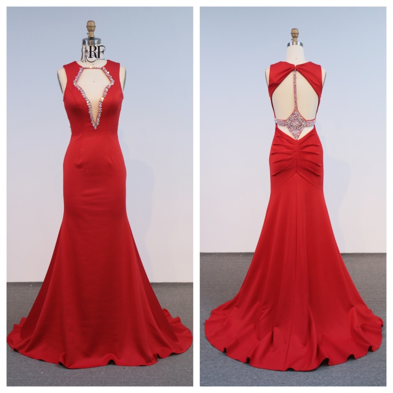 Red Black Wholesale Evening Dresses Deep V Sleeveless Mermaid Satin Open Back Evening Dresses