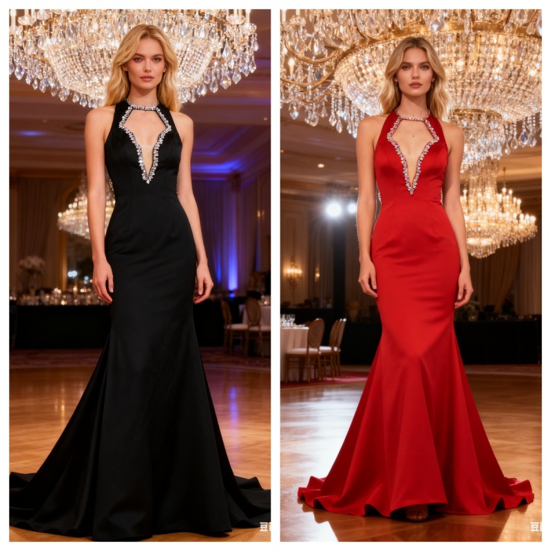 Red Black Wholesale Evening Dresses Deep V Sleeveless Mermaid Satin Open Back Evening Dresses