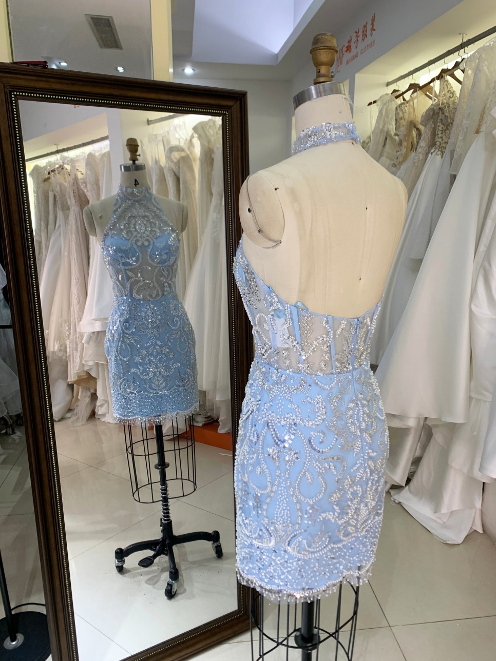 New Fashionable Short Dresses Sexy Black with Crystal Sleeveless Evening Dress Light Blue Party Dresses Women Night Club