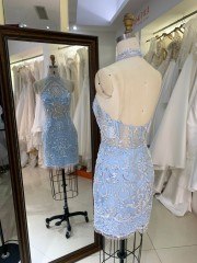 New Fashionable Short Dresses Sexy Black with Crystal Sleeveless Evening Dress Light Blue Party Dresses Women Night Club