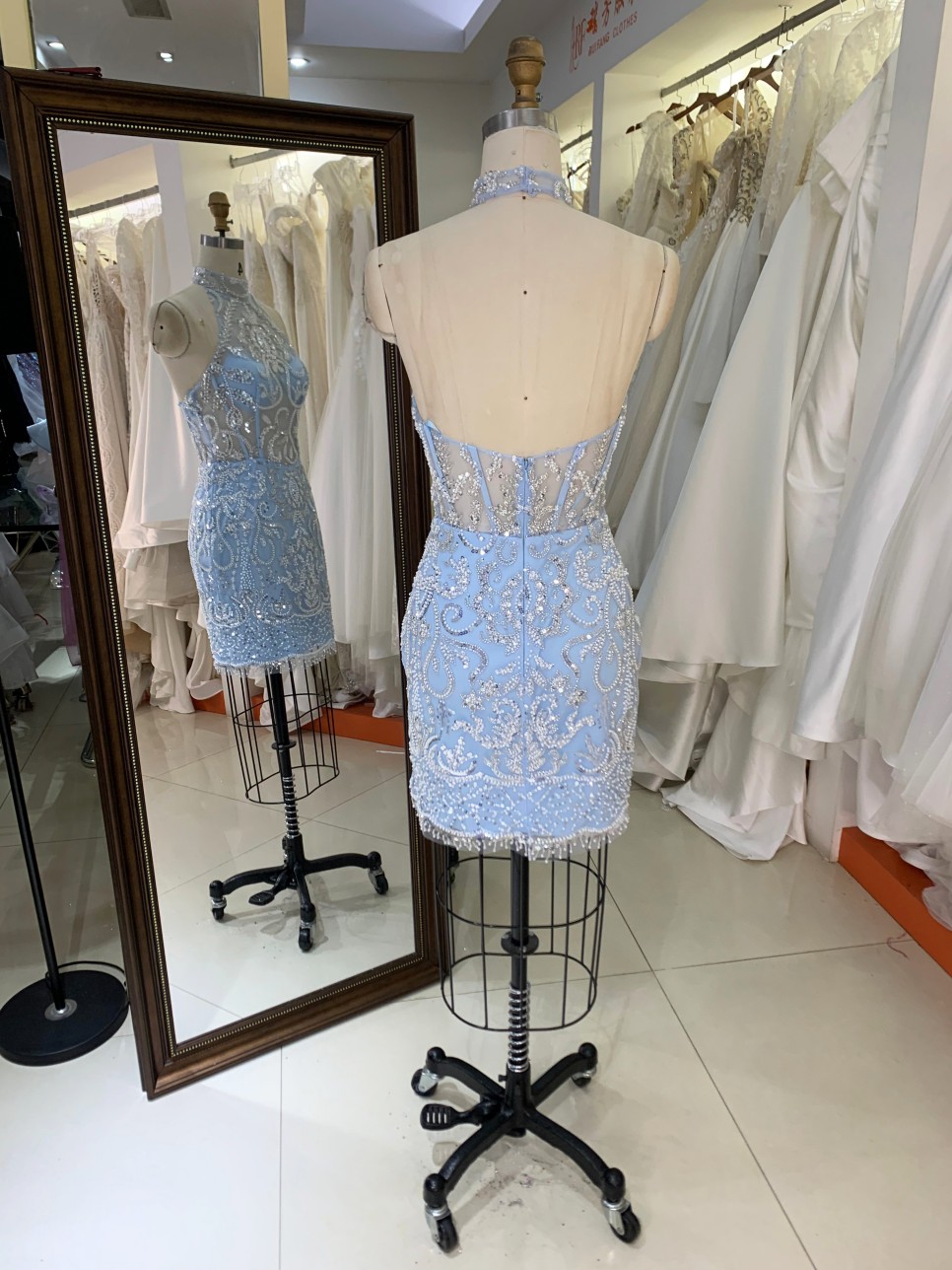 New Fashionable Short Dresses Sexy Black with Crystal Sleeveless Evening Dress Light Blue Party Dresses Women Night Club