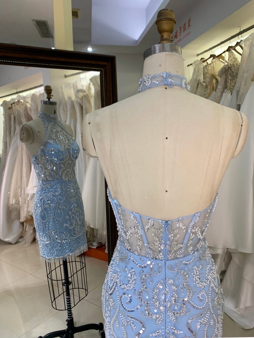 New Fashionable Short Dresses Sexy Black with Crystal Sleeveless Evening Dress Light Blue Party Dresses Women Night Club