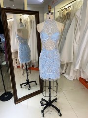 New Fashionable Short Dresses Sexy Black with Crystal Sleeveless Evening Dress Light Blue Party Dresses Women Night Club