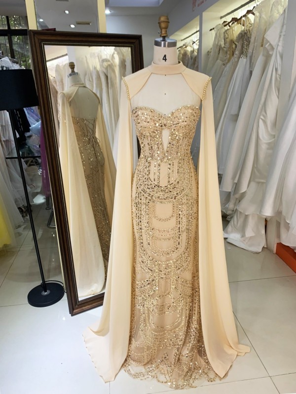 Wholesale Mermaid Full Beaded Natural Evening Gown 2026 Cap Crystal Embellished Prom Dress Breathable Crystal Party Style
