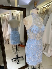 New Fashionable Short Dresses Sexy Black with Crystal Sleeveless Evening Dress Light Blue Party Dresses Women Night Club