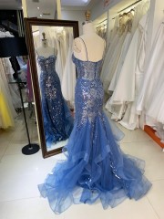 Navy Blue Evening Dress with Flowers Sequin Beading Satin Ruffle Mermaid Skirt Evening Party Dress Women