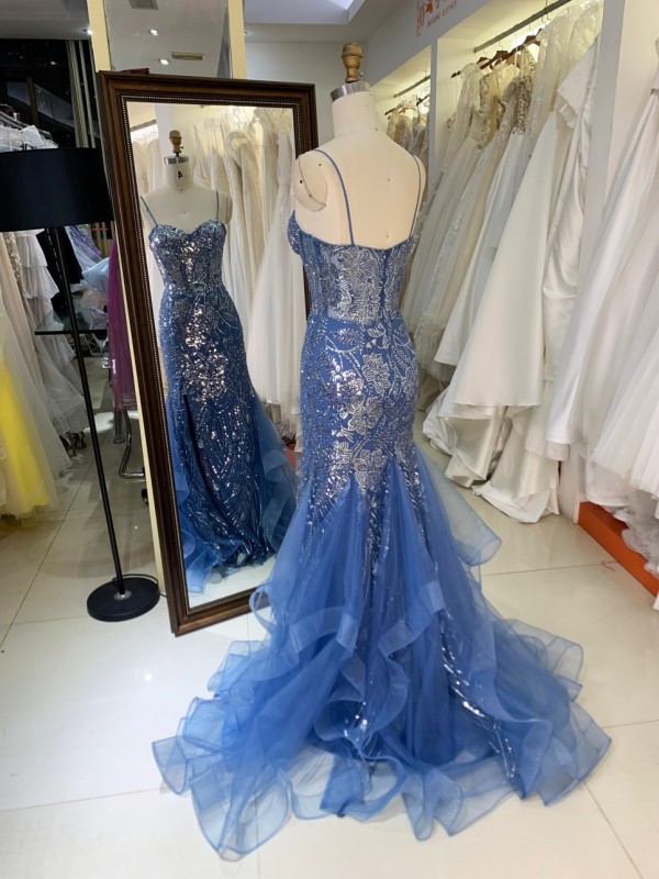 Navy Blue Evening Dress with Flowers Sequin Beading Satin Ruffle Mermaid Skirt Evening Party Dress Women