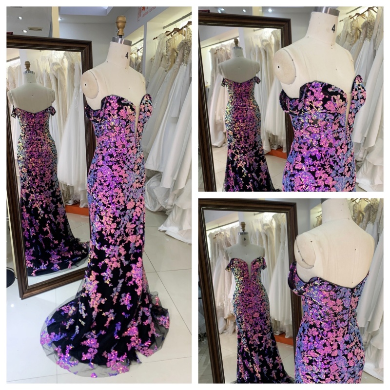 Off Shoulder New Design With Flowers Sequin Beading Mermaid Evening Dresses Luxury Decorated Prom Dresses