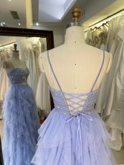 Elegant 2026 Light Blue A-line Tulle Skirt Prom Dress with Beads Ruffle Skirt Prom Evening Women Dresses