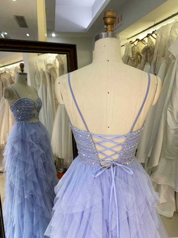 Elegant 2026 Light Blue A-line Tulle Skirt Prom Dress with Beads Ruffle Skirt Prom Evening Women Dresses