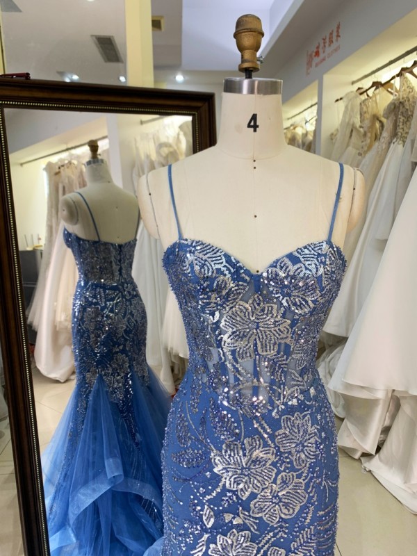 Navy Blue Evening Dress with Flowers Sequin Beading Satin Ruffle Mermaid Skirt Evening Party Dress Women