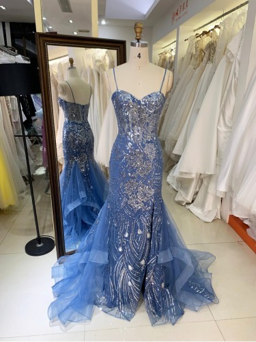 Navy Blue Evening Dress with Flowers Sequin Beading Satin Ruffle Mermaid Skirt Evening Party Dress Women