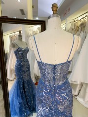 Navy Blue Evening Dress with Flowers Sequin Beading Satin Ruffle Mermaid Skirt Evening Party Dress Women