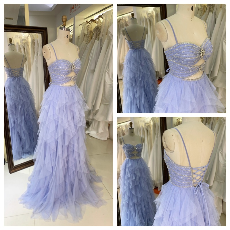 Elegant 2026 Light Blue A-line Tulle Skirt Prom Dress with Beads Ruffle Skirt Prom Evening Women Dresses