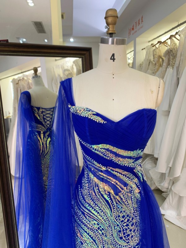 One Shoulder A-Line Beautiful Floor Length Dressed Evening Dress Navy Blue Party Long Gown Elegant Dresses for Evening Party