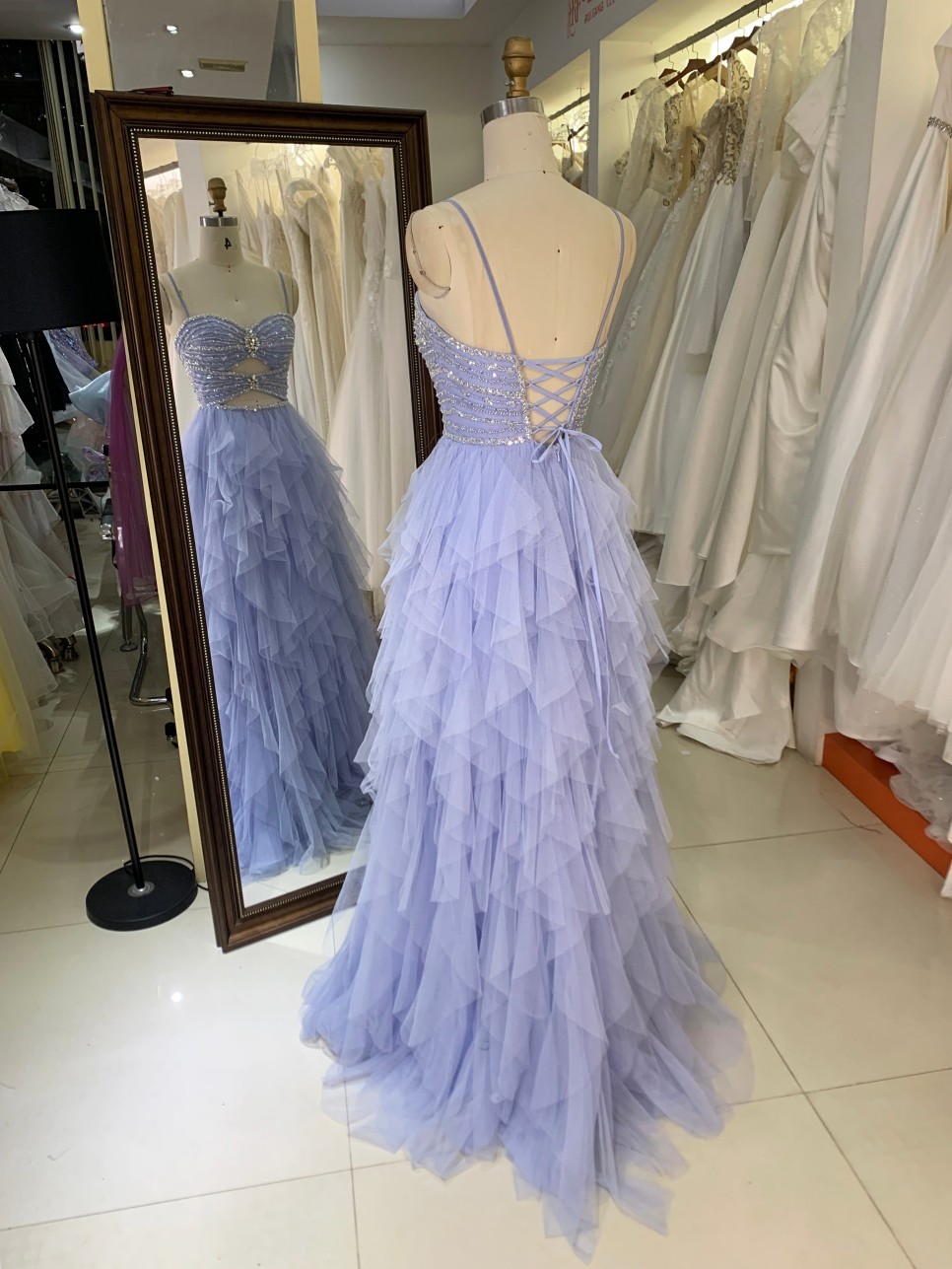 Elegant 2026 Light Blue A-line Tulle Skirt Prom Dress with Beads Ruffle Skirt Prom Evening Women Dresses