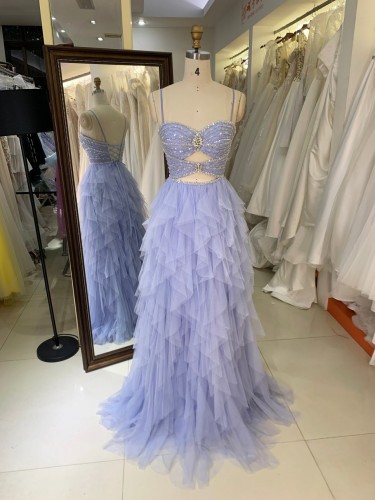 Elegant 2026 Light Blue A-line Tulle Skirt Prom Dress with Beads Ruffle Skirt Prom Evening Women Dresses