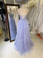 Elegant 2026 Light Blue A-line Tulle Skirt Prom Dress with Beads Ruffle Skirt Prom Evening Women Dresses