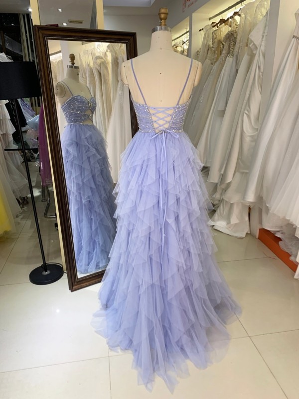 Elegant 2026 Light Blue A-line Tulle Skirt Prom Dress with Beads Ruffle Skirt Prom Evening Women Dresses