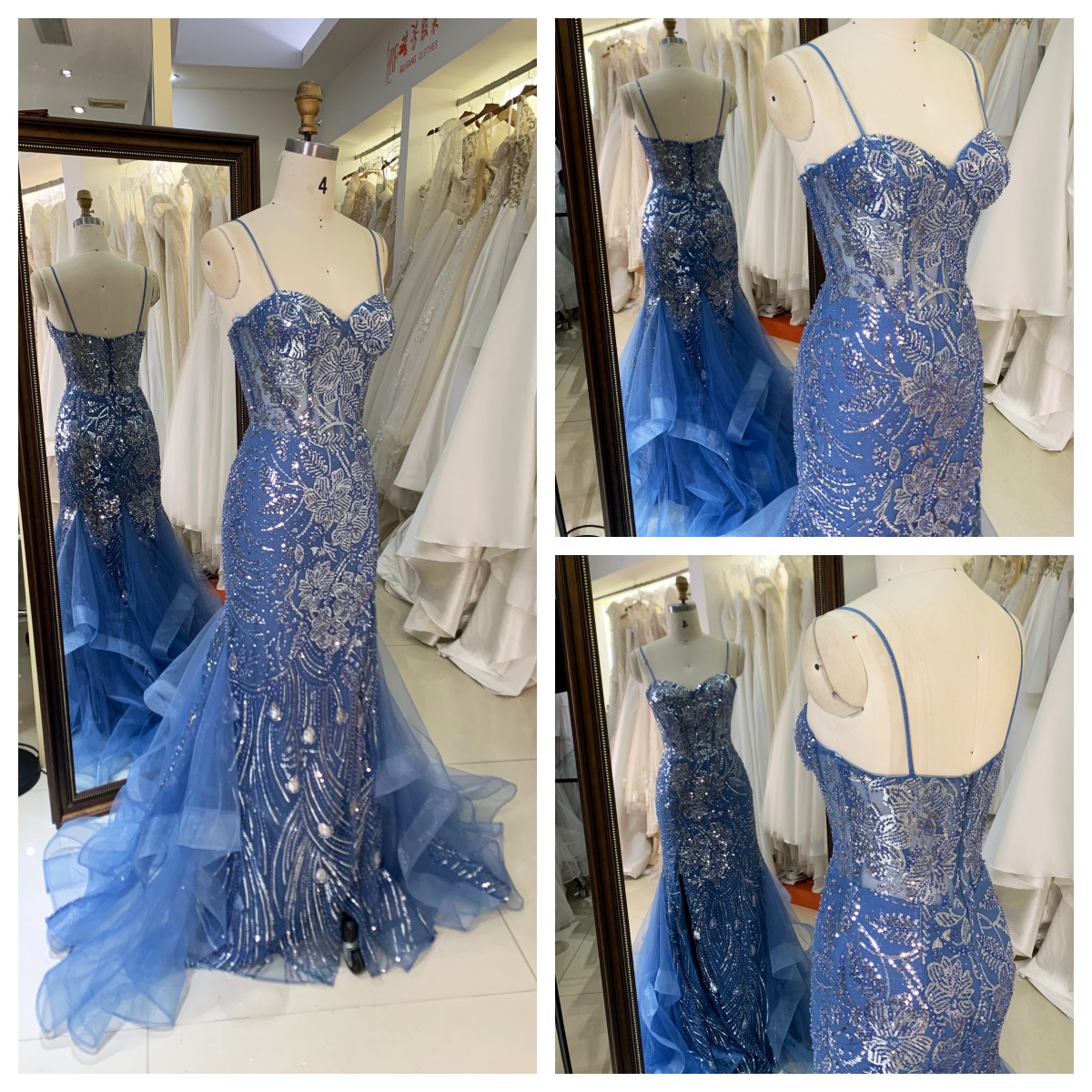 Navy Blue Evening Dress with Flowers Sequin Beading Satin Ruffle Mermaid Skirt Evening Party Dress Women