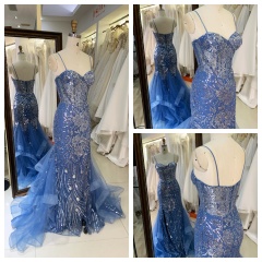 Navy Blue Evening Dress with Flowers Sequin Beading Satin Ruffle Mermaid Skirt Evening Party Dress Women