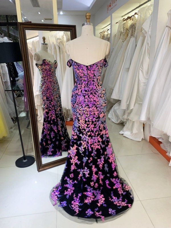 Off Shoulder New Design With Flowers Sequin Beading Mermaid Evening Dresses Luxury Decorated Prom Dresses