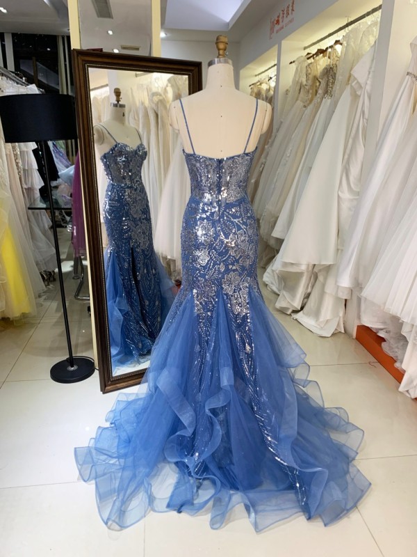 Navy Blue Evening Dress with Flowers Sequin Beading Satin Ruffle Mermaid Skirt Evening Party Dress Women