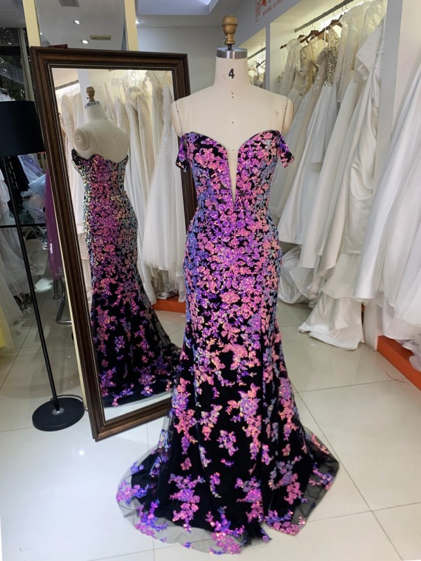 Off Shoulder New Design With Flowers Sequin Beading Mermaid Evening Dresses Luxury Decorated Prom Dresses