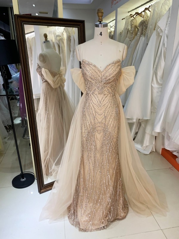 2026 New Fashion Design Luxury Sequined Champagne Crystal Embellished Floor-Length V-neck Corset Mermaid Prom Dress