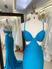 2025 New Ocean Blue V Neck Mermaid Spaghetti Straps Pleat Sweep Train Floor-length Prom Dress for Teenagers