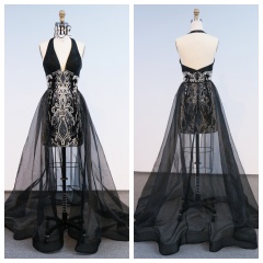 2026 New Fashion Design Luxury Black Mesh Overlay Lace Halter Neck Breathable Anti-Static Natural Waist Party Evening Dress