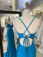 2025 New Ocean Blue V Neck Mermaid Spaghetti Straps Pleat Sweep Train Floor-length Prom Dress for Teenagers