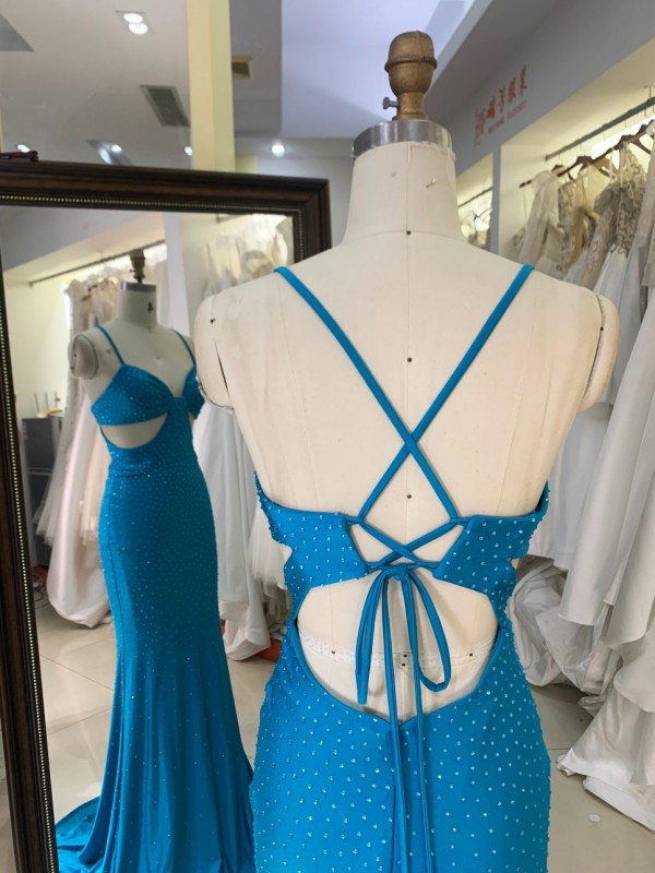 2025 New Ocean Blue V Neck Mermaid Spaghetti Straps Pleat Sweep Train Floor-length Prom Dress for Teenagers