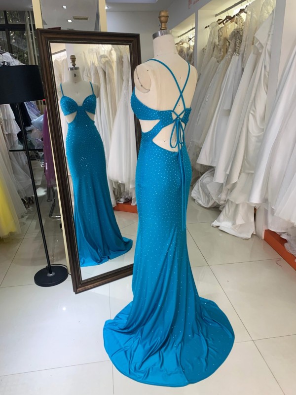 2025 New Ocean Blue V Neck Mermaid Spaghetti Straps Pleat Sweep Train Floor-length Prom Dress for Teenagers