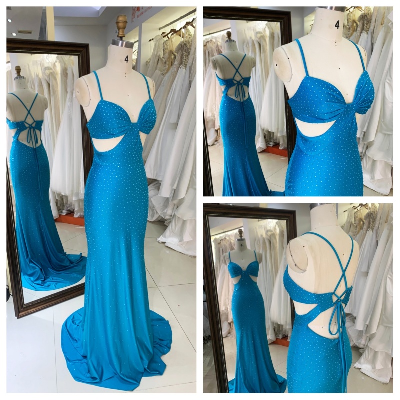 2025 New Ocean Blue V Neck Mermaid Spaghetti Straps Pleat Sweep Train Floor-length Prom Dress for Teenagers