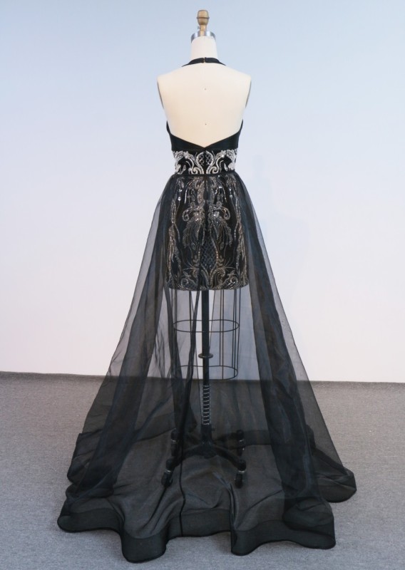 2026 New Fashion Design Luxury Black Mesh Overlay Lace Halter Neck Breathable Anti-Static Natural Waist Party Evening Dress