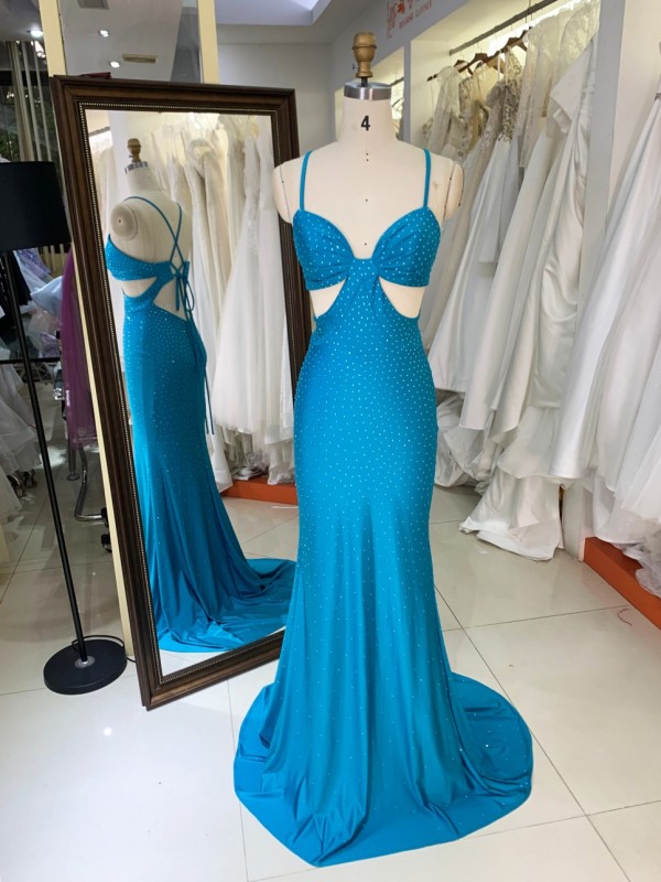 2025 New Ocean Blue V Neck Mermaid Spaghetti Straps Pleat Sweep Train Floor-length Prom Dress for Teenagers