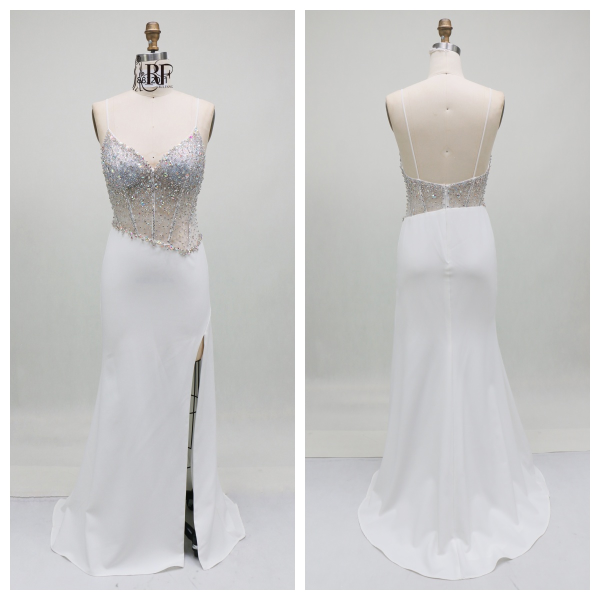 2026 Stunning Crystal Embellished Beaded Upper Body Sexy Corset High Slit Satin Fabric Mermaid Sweep Train Prom Evening Dress