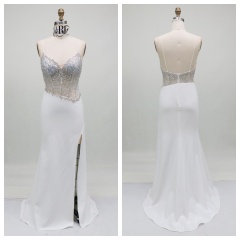 2026 Stunning Crystal Embellished Beaded Upper Body Sexy Corset High Slit Satin Fabric Mermaid Sweep Train Prom Evening Dress