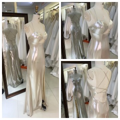 2026 Champagne Satin Trumpet/Mermaid Natural Waist Evening Gown Spaghetti Straps Pleat Sweep Train Solid Floor-length Prom Dress