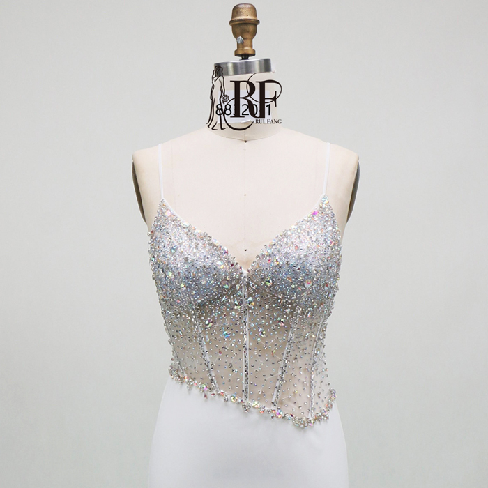 2026 Stunning Crystal Embellished Beaded Upper Body Sexy Corset High Slit Satin Fabric Mermaid Sweep Train Prom Evening Dress