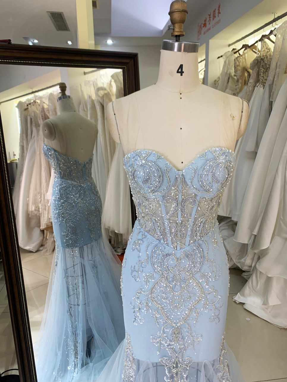 2026 Sparkly Light Blue Embroidered Beaded Sequined Draped V-NECK Mermaid Floor-Length Prom Dress Zipper Back New Design