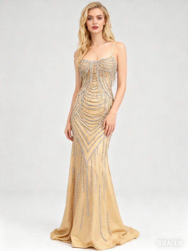 2026 High Quality Elegant V-neck Sequined Tassel Crystal Chain Style Sweep Train Floor-Length Mermaid Luxury Evening Dress Women