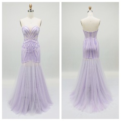 2026 Chic Lilac Beaded Sexy Sleeveless Tulle Mermaid Floor-Length Evening Dress Embroidered Zipper Back Sweep New Design Prom
